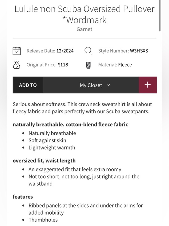 🍋 NWT Lululemon Scuba Oversized Pullover in Garnet - Sz M/L - Picture 11 of 11